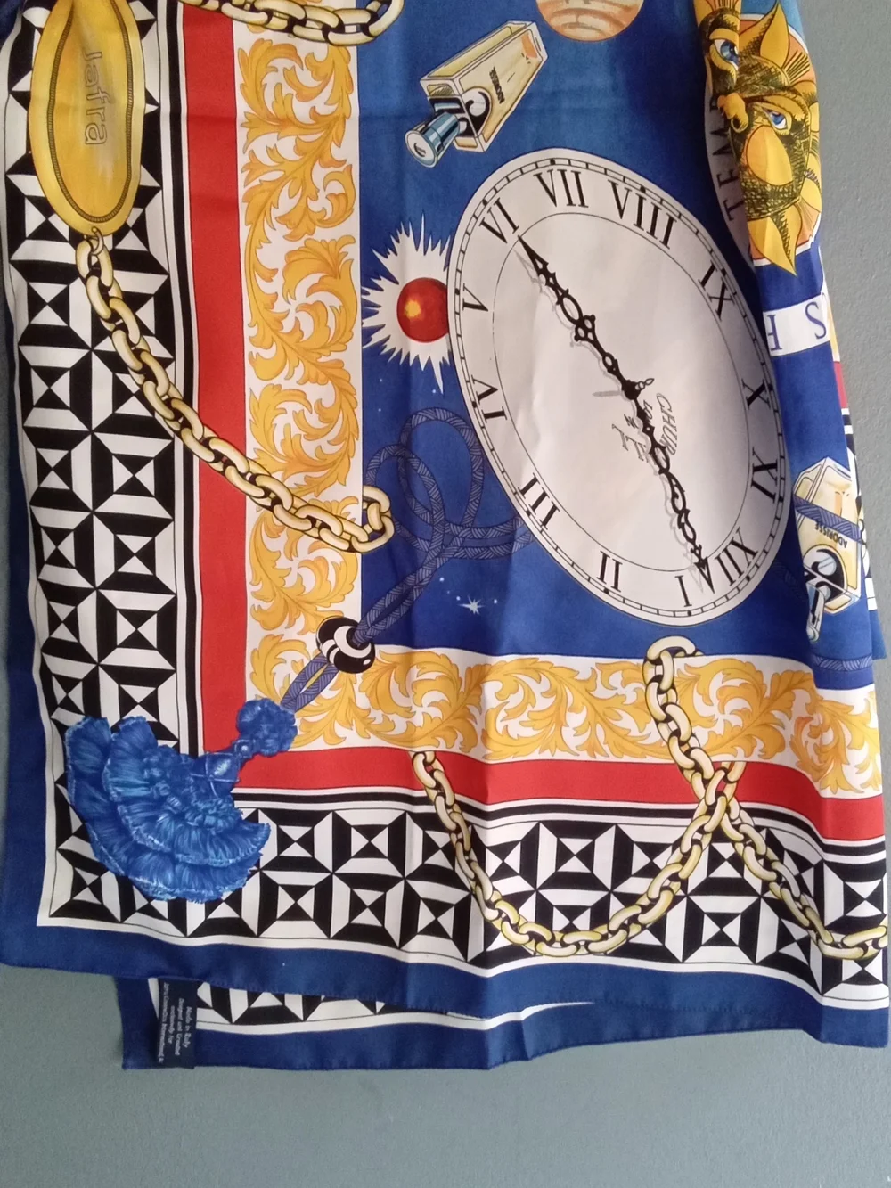 Vintage Jafra Cosmetics Italy Silk Scarf Blue Red Gold Nautical Clock Tassel